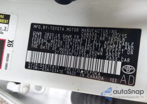 2015 Toyota Corolla L/Le/Le Plus/Le Premium/S/S Plus/S Premium z USA, uszkodzony, nr VIN 2T1BURHE1FC358532